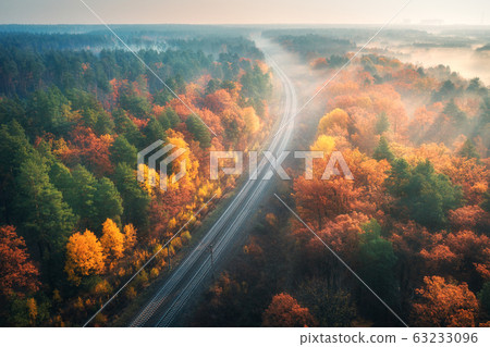 Aerial view of beautiful railroad in autumn forest in foggy sunrise. Industrial landscape Aerial view of beautiful railroad in autumn forest in foggy sunrise. Industrial landscape 63233096