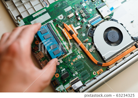 memory module ddr4 ram installation in laptop by hand 63234325