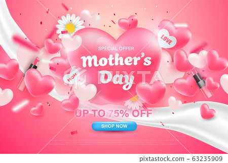 Happy mother's day sale banner design with realistic flowers, lipstick, glitters and hearts on pink. 63235909