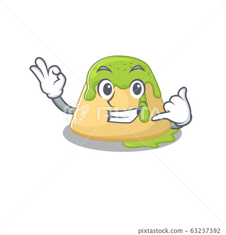 Pudding green tea mascot cartoon design showing Call me gesture Pudding green tea mascot cartoon design showing Call me gesture 63237392