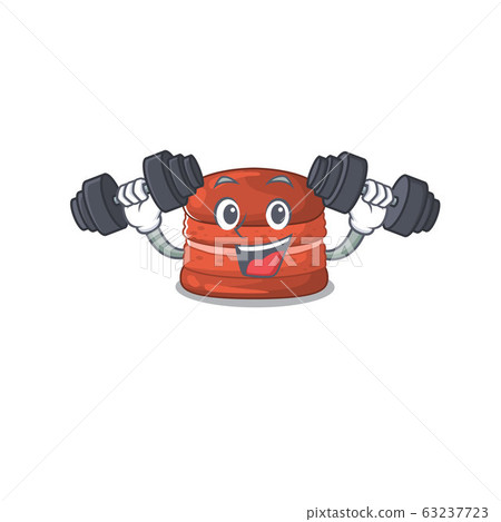 Smiley Fitness exercise cherry macaron cartoon character raising barbells Smiley Fitness exercise cherry macaron cartoon character raising barbells 63237723
