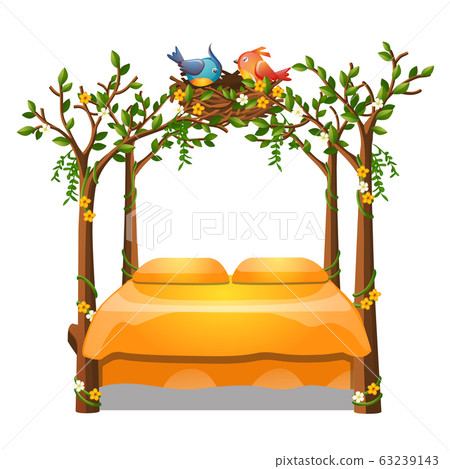 Cute orange color bed with decor form of a frame of stems of trees with nest with the birds isolated on white background. Vector cartoon close-up illustration. Cute orange color bed with decor form of a frame of stems of trees with nest with the birds isolated on white background. Vector cartoon close-up illustration. 63239143