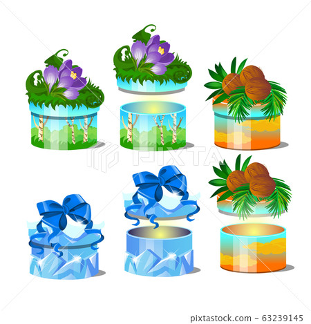 Set of gift boxes with natural decoration, colorful wrapped paper, isolated on white background. Sketch for greeting card, festive poster, party invitation. Vector cartoon close-up illustration. 63239145