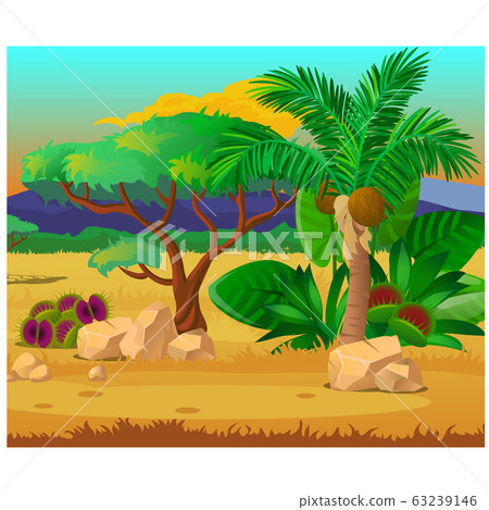 Picturesque landscape with a coconut palm tree, rocks and carnivorous plants. Sketch of a beautiful poster or placard on the theme of wildlife nature. Vector cartoon close-up illustration. 63239146