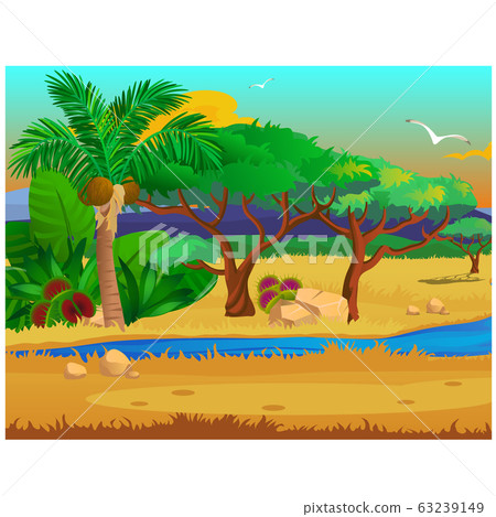 Picturesque landscape with a coconut palm tree, stones, carnivorous plants, flying bird. Sketch of a beautiful poster or placard on the theme of wildlife nature. Vector cartoon close-up illustration. 63239149