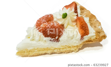 The close up of homemade strawberry pie pastry on white background. The close up of homemade strawberry pie pastry on white background. 63239927