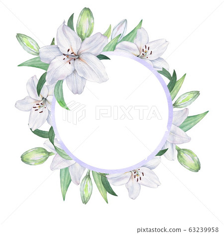 Round frame of white lilies 3. Watercolor Round frame of white lilies 3. Watercolor 63239958