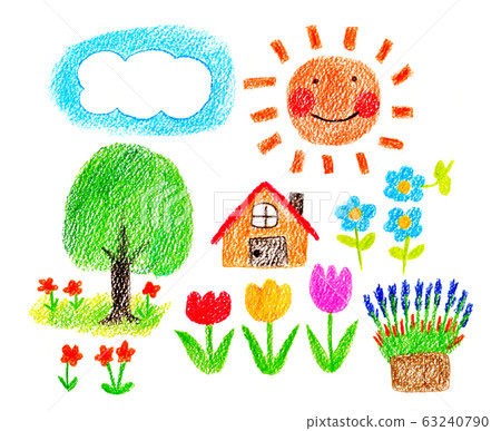 Spring illustration drawn with crayons - Stock Illustration [63240790 ...
