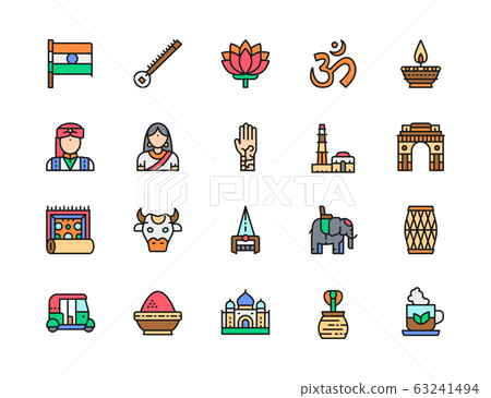 Set of Indian Culture Flat Color Line Icons. Elephant, Cobra, Mantra and more. 63241494