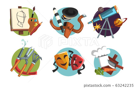 Symbols of Various Professions Collection, Artist, Policeman, Astronomer, Gardener, Actor, Chef Cook Signs Vector Illustration on White Background 63242235