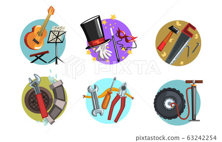Symbols of Various Professions Collection, Musician, Magician, Carpenter, Plumber Signs Vector Illustration on White Background 63242254