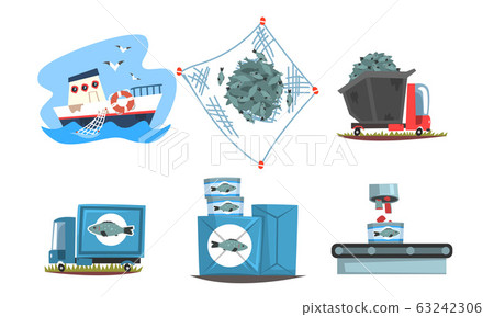 Industrial Production of Seafood Steps Set, Fishing Vessel and Factory Equipment Vector Illustration Industrial Production of Seafood Steps Set, Fishing Vessel and Factory Equipment Vector Illustration 63242306
