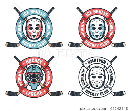 Hockey retro logo with goalie mask, crossed sticks and round ribbon Hockey retro logo with goalie mask, crossed sticks and round ribbon 63242348