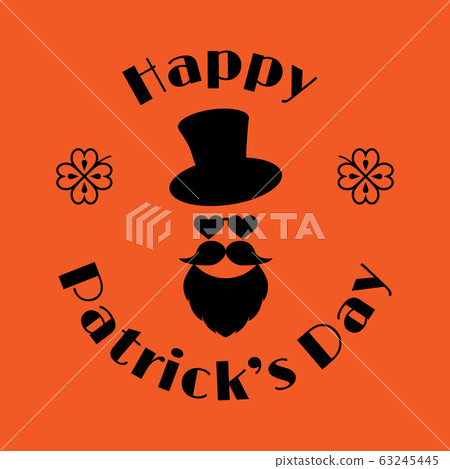 Happy Patrick's Day vector illustration. Festive design. Black text in a stylish frame on a orange background. Design of banner, poster, postcard, greeting card. Isolated colored elements on backdrop. 63245445