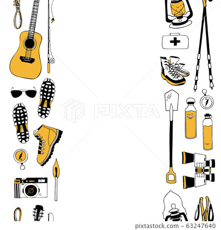 Modern vector patterns in black, white and yellow colors. Seamless vertical borders of camping equipment. Endless brush, stripe for hiking, traveling. Frame design. Card template. Empty place for text Modern vector patterns in black, white and yellow colors. Seamless vertical borders of camping equipment. Endless brush, stripe for hiking, traveling. Frame design. Card template. Empty place for text 63247640