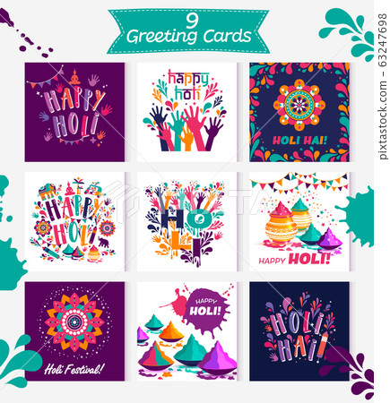 Happy holi vector elements for card design , Happy holi design with colorful icon on 9 cards Happy holi vector elements for card design , Happy holi design with colorful icon on 9 cards 63247698