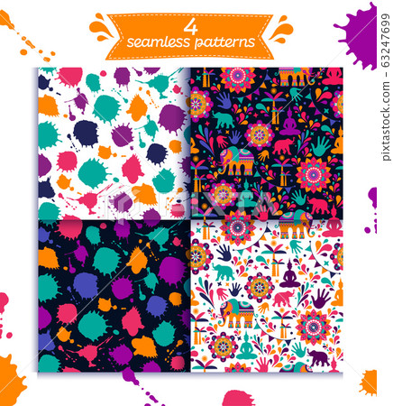 Happy holi set seamless pattern design , Happy holi design with colorful icon. Happy holi set seamless pattern design , Happy holi design with colorful icon. 63247699