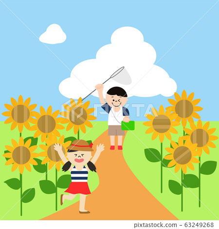 向日葵田，兒童，暑假的插圖 63249268