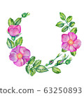 Watercolor wreath with wild rose. 63250893