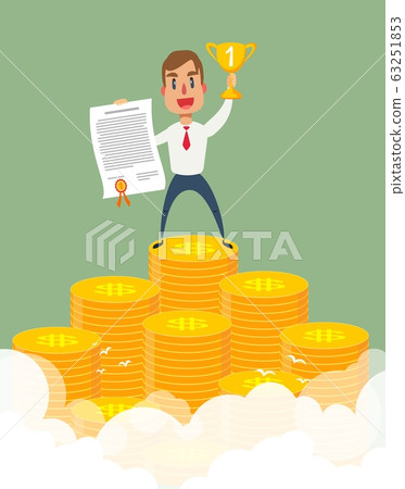 Businessman stands on large stack of coins. 63251853