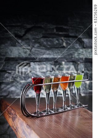 Set of colourfull alcoholic cocktails in shot glass Set of colourfull alcoholic cocktails in shot glass 63256269