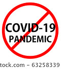 Text COVID-19 PANDEMIC is in red circle With red line projected through the circle. Stop COVID-19 PANDEMIC. Text is in traffic sign. 63258339
