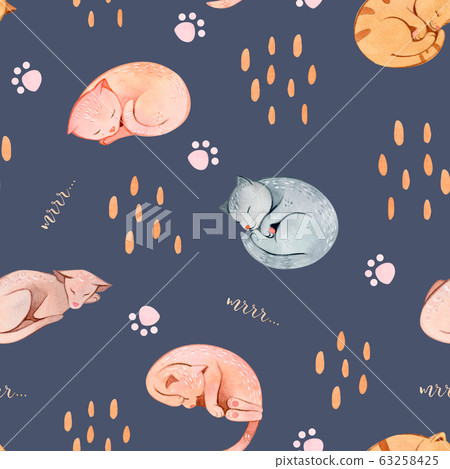 Hand painted watercolor seamless pattern with sleeping cats and paws Hand painted watercolor seamless pattern with sleeping cats and paws 63258425