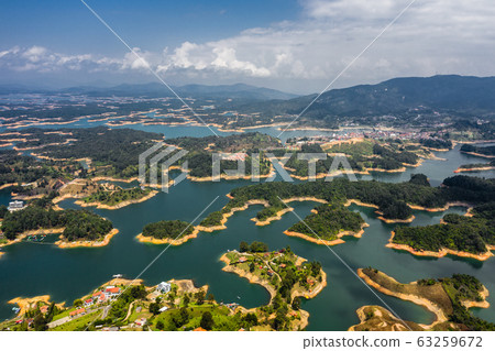 Aerial view landscape of the lake of Guatape from Rock of Guatape, Piedra Del Penol, Colombia. 63259672