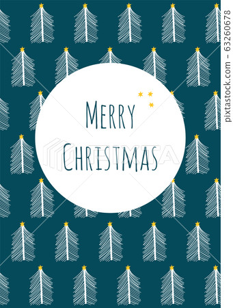 Christmas card vector template with white doodle trees on blue background. Repeating pattern hand 63260678