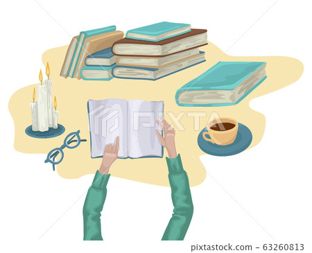 Hands holding book. Pile of books and burning candles on table. Vector illustration. 63260813
