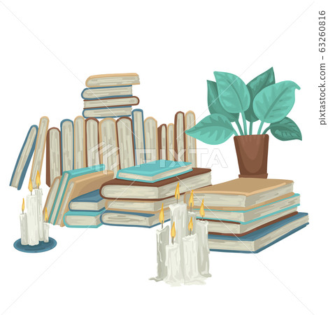 Pile of books and burning candles on table. Vector isolated illustration Pile of books and burning candles on table. Vector isolated illustration 63260816