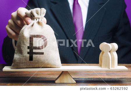 Businessman puts russian ruble money bag and people on scales. Hiring recruiting workers, staff specialists. Remuneration and repayment of wage arrears. Taxpayers concept. Investing in human capital Businessman puts russian ruble money bag and people on scales. Hiring recruiting workers, staff specialists. Remuneration and repayment of wage arrears. Taxpayers concept. Investing in human capital 63262592