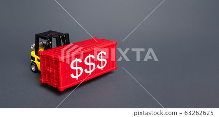 Forklift truck transports sea freight container with dollar symbols. Trade economic potential. Profit from export. Investment, international loans. Transport industry. Business development new markets Forklift truck transports sea freight container with dollar symbols. Trade economic potential. Profit from export. Investment, international loans. Transport industry. Business development new markets 63262625
