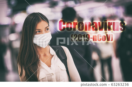 Coronavirus corona virus mask Asian chinese woman wearing flu mask prevention of Wuhan 2019-nCoV in China. Crowds public transport travel people 63263236