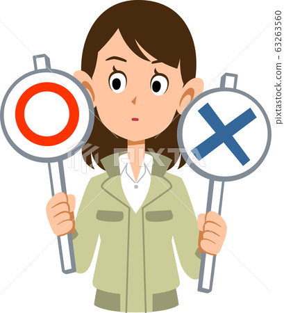 A woman in work clothes thinking right and wrong 63263560