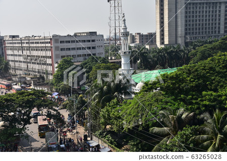 Dhaka, Bangladesh Cityscape around Motizir in central city Road with heavy traffic, old buildings and mosque 63265028