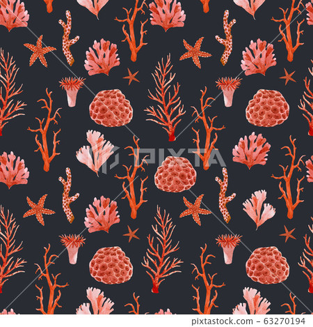 Beautiful seamless pattern with underwater watercolor sea life. Stock illustration. 63270194