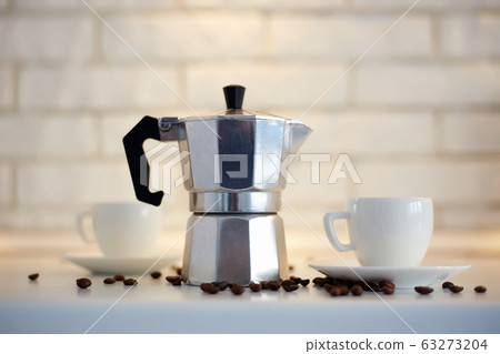 coffee still life. Breakfast coffee maker and cups coffee still life. Breakfast coffee maker and cups 63273204