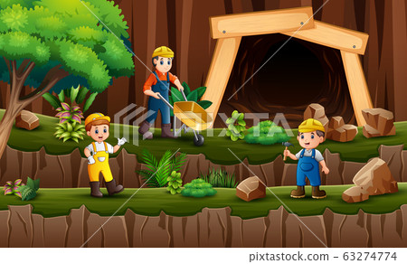 The miners working in front of the coal mine The miners working in front of the coal mine 63274774