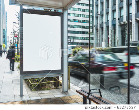 Mock up Banner Blank Poster Media Advertisement at Bus stop with taxi on street Mock up Banner Blank Poster Media Advertisement at Bus stop with taxi on street 63275557