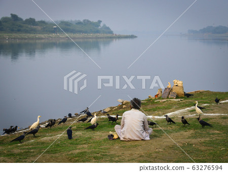 Indian man feeding birds on riverbank Indian man feeding birds on riverbank 63276594