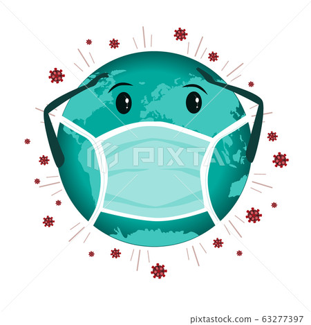 Earth globe with medical mask to protect against coronavirus. Covid 19 concept, vector illustration 63277397