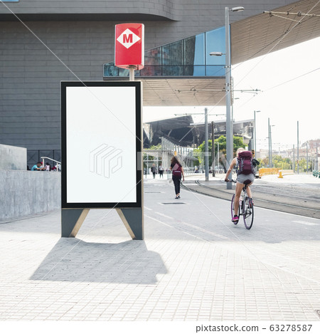 Mock up Banner Blank Poster stand Media Advertisement outdoor Street city people walking Mock up Banner Blank Poster stand Media Advertisement outdoor Street city people walking 63278587
