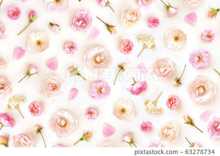 Summer blossoming roses and blooming flowers festive background, light pastel bouquet floral card, toned 63278734