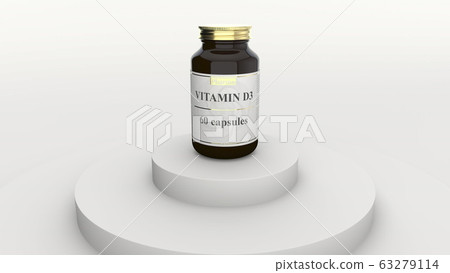 Medicine glass bottle with generic vitamin D3 capsules and fictional logo. Healthy lifestyle supplements or pharmaceutical industry related 3D rendering Medicine glass bottle with generic vitamin D3 capsules and fictional logo. Healthy lifestyle supplements or pharmaceutical industry related 3D rendering 63279114