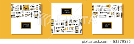 Set of vector card templates for camping, tourism, travel design. Traditional hiking symbols. Backpack, boots, compass, map, storm lamp. Modern handwritten lettering. Time for adventures Set of vector card templates for camping, tourism, travel design. Traditional hiking symbols. Backpack, boots, compass, map, storm lamp. Modern handwritten lettering. Time for adventures 63279585