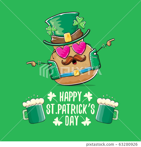Happy saint patricks day greeting card with funky leprechaun rock star potato character with green particks hat and beer isolated on green background. Rock n roll hipster vegetable funky character Happy saint patricks day greeting card with funky leprechaun rock star potato character with green particks hat and beer isolated on green background. Rock n roll hipster vegetable funky character 63280926