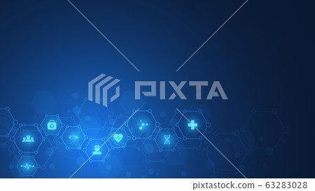 Healthcare and technology concept with flat icons and symbols. Template design for health care business, innovation medicine, science background, medical research. Vector illustration. 63283028