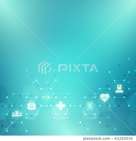 Abstract medical background with flat icons and symbols. Template design with concept and idea for healthcare technology, innovation medicine, health, science and research. 63283030