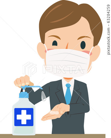 做手消毒的面具的白種人人 63284259